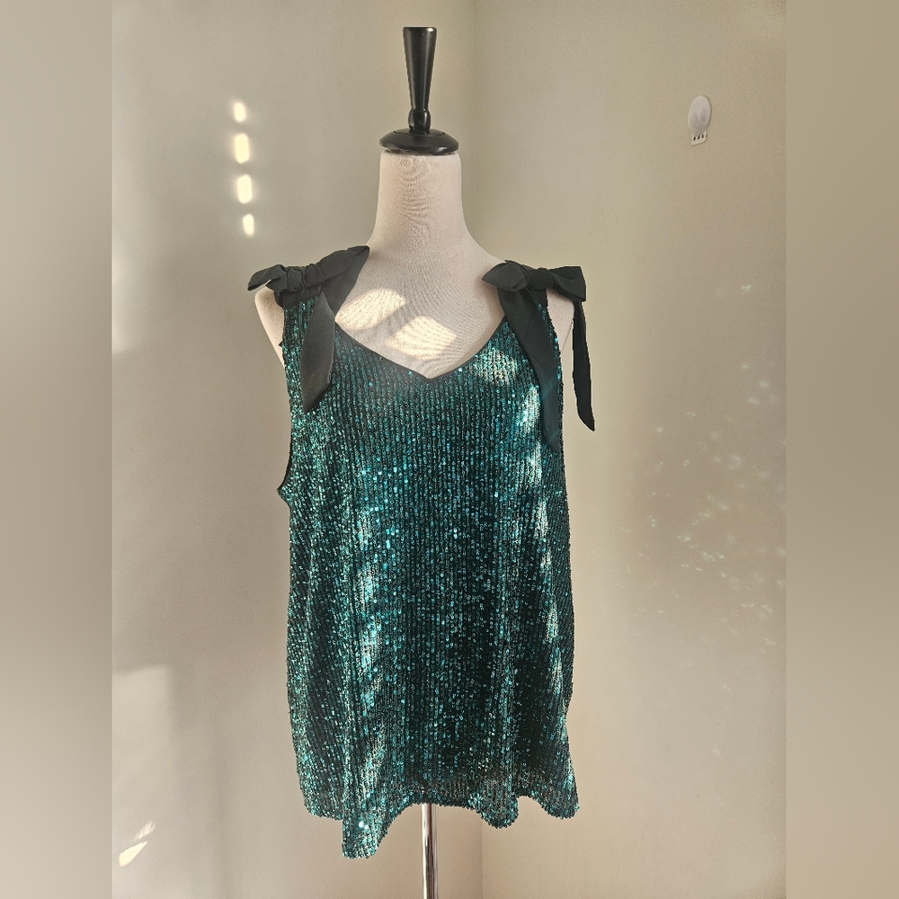 CeCe Teal Sequin Tank Top with Bow Straps